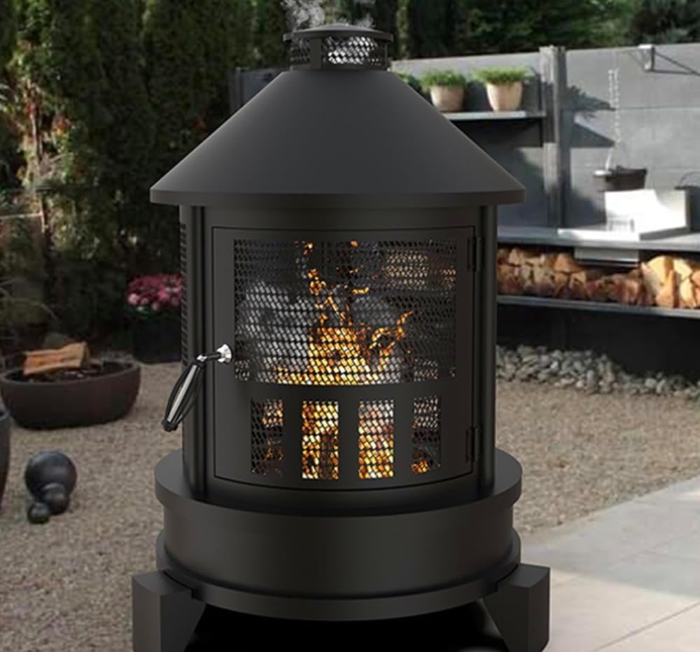 Outdoor Fire Pit, Black Metal Mesh Chiminea, 27x27x38 Inch, Portable Garden Stove with Heat-Resistant Handle, Patio Heater for Backyard