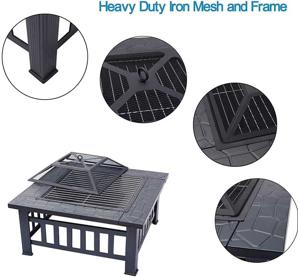 3 in 1 Outdoor Party BBQ Fire Pit with Grill Shelf for Garden Patio, Outdoor Metal Brazier Square Table Heater//Ice Pit Grill Barbecue Rack,