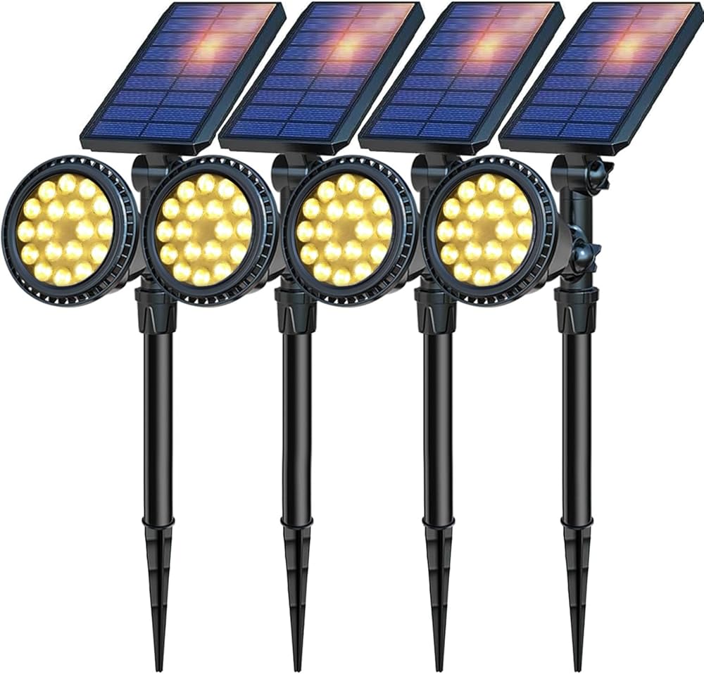 DBF Solar Outdoor Lights, 600LM Solar Spot Lights Outdoor Waterproof, 18 LED Auto On/Off Landscape Lighting Flag Pole Light for Garden Yard Pathway Garage Pool Patio(Warm White, 4 Pack)