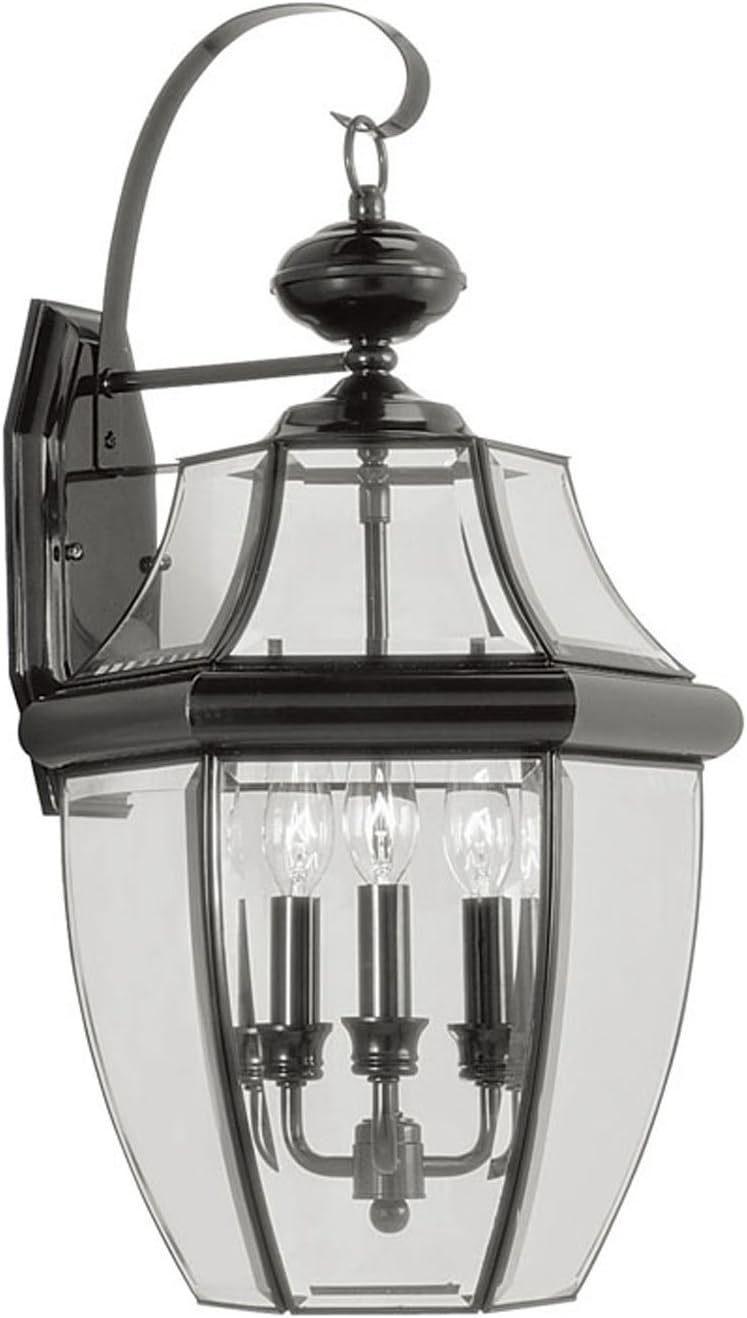 Livex Lighting 2351-04 Monterey 3 Light Outdoor Black Finish Solid Brass Wall Lantern with Clear Beveled Glass