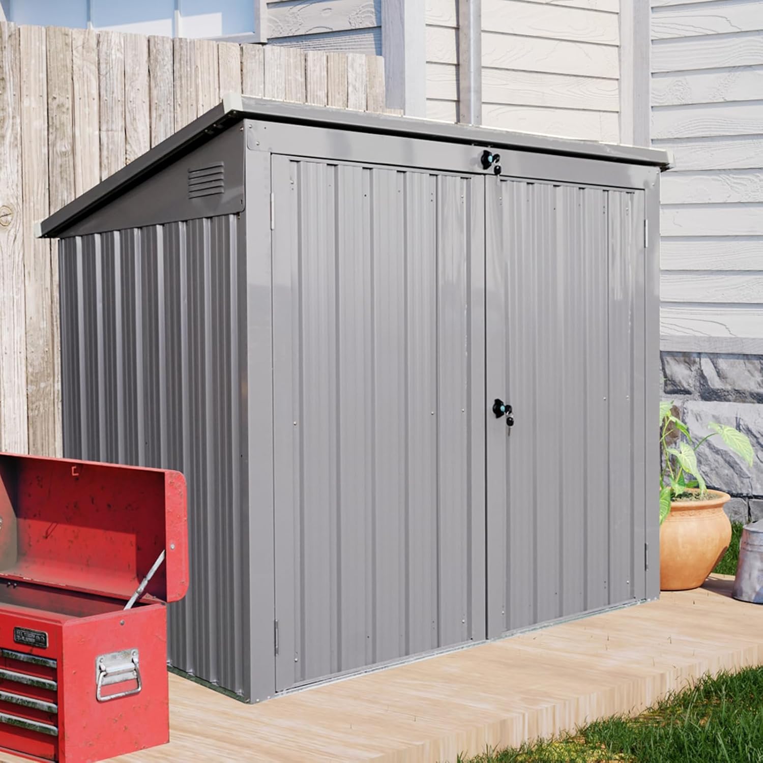 Metal Outdoor Storage Shed, Gray Galvanized Steel, 62.25x40x52.75 Inches, Lockable Door, Multi-Use for Garbage Bins, Garden Tools, Pet House