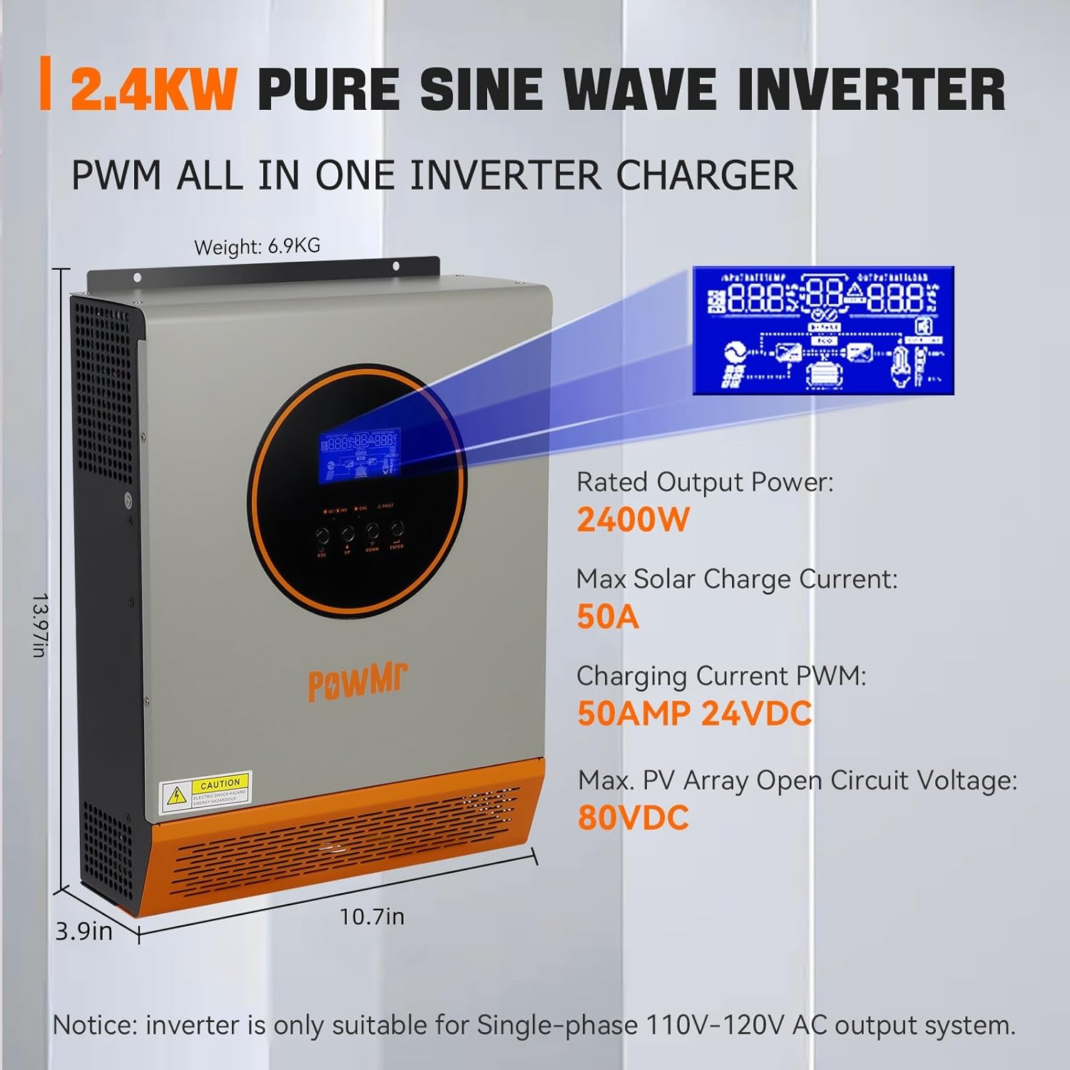 PowMr 2400W Solar Inverter, 24VDC to 110V/120VAC, Pure Sine Wave, 50A PWM Charge Controller, Hybrid Inverter for Homes, RV, 24V Lead-Acid, Sealed Gel/AGM Battery, Off-Grid Systems