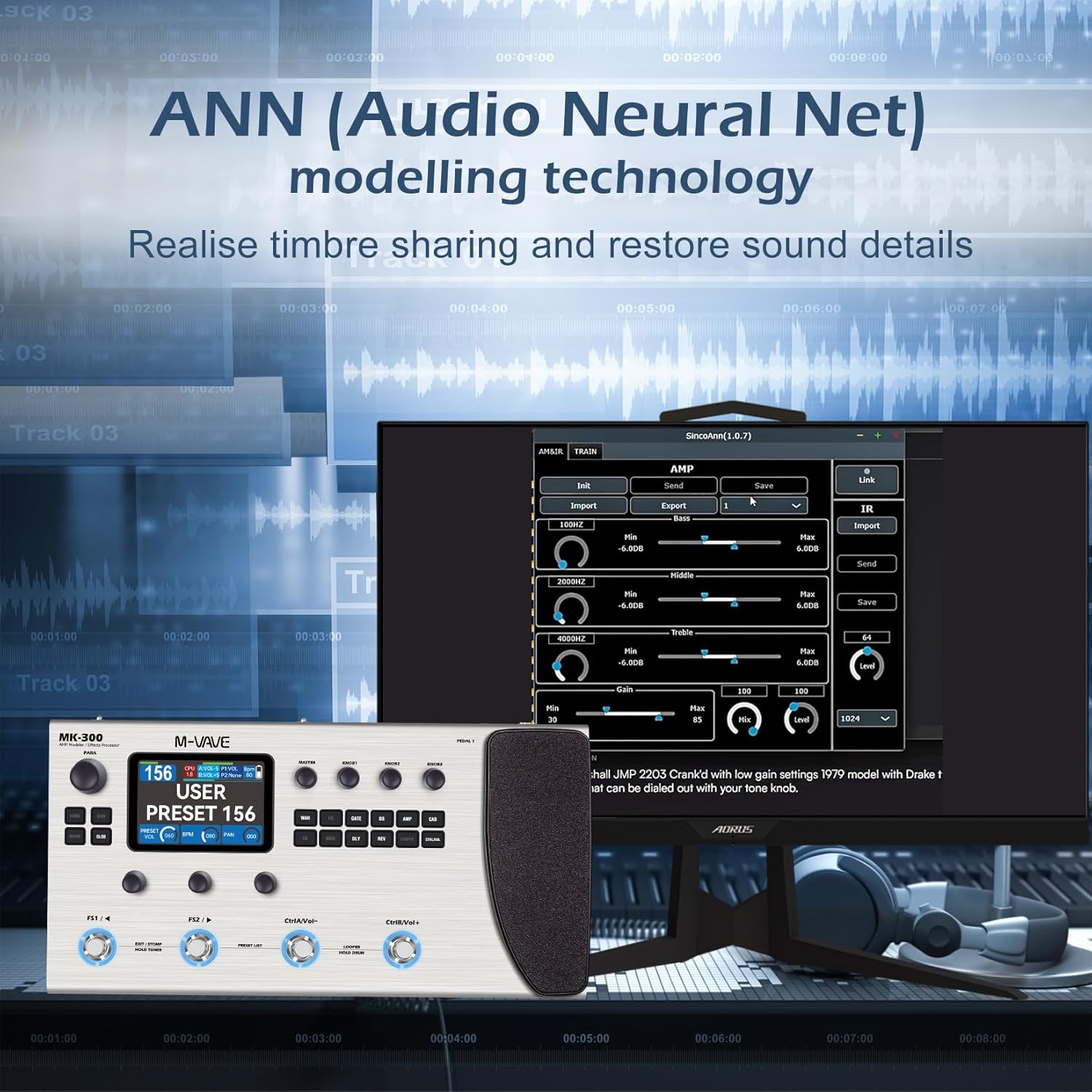 M-VAVE MK-300 Guitar Bass AMP Modeler & Effects Processor with 320+ Effects, 160 Presets, Looper, Drum Machine, USB/BT 10H Battery for Live/Recording