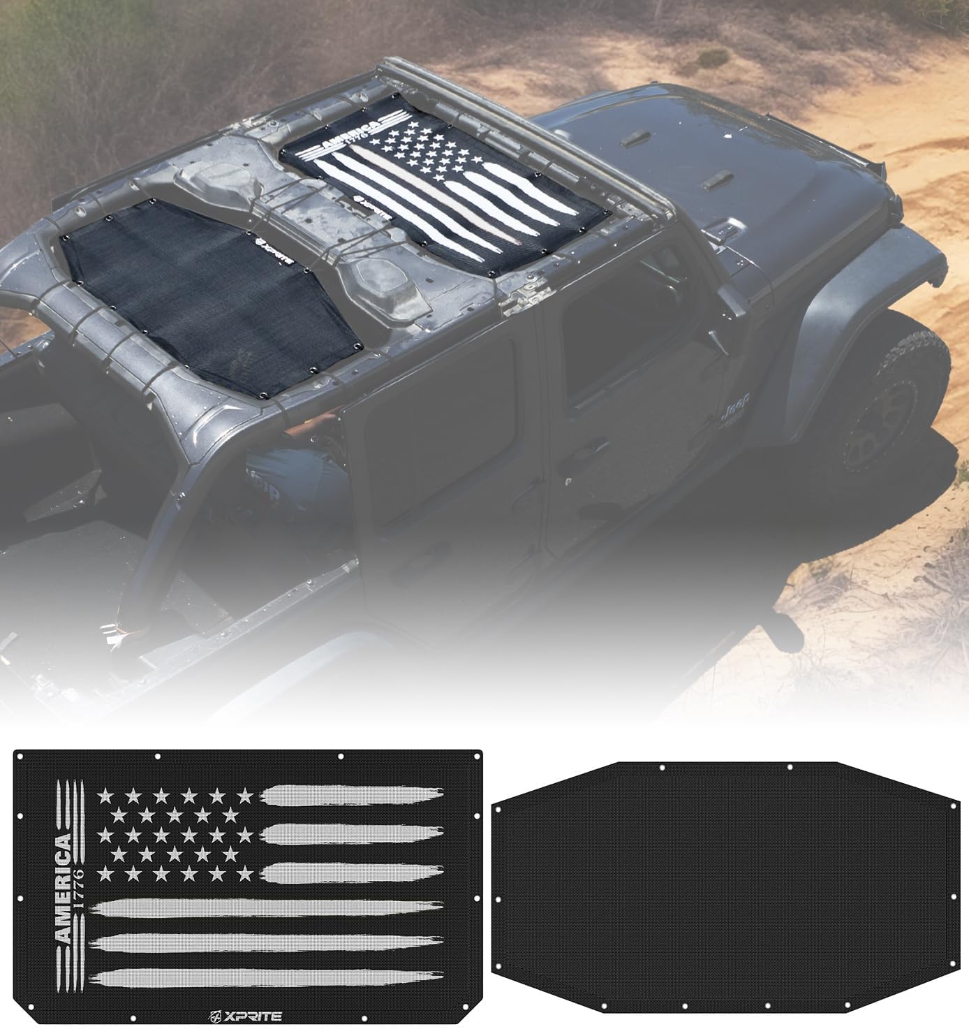 Xprite US Flag Sunshade for 2018-2025 Jeep Wrangler JL 4XE, 4-Door Front & Rear Sun Shade Mesh Top, 2PCS UV/Wind/Noise Blocker, Bikini Top Cover for Off-Road Jeep Accessories