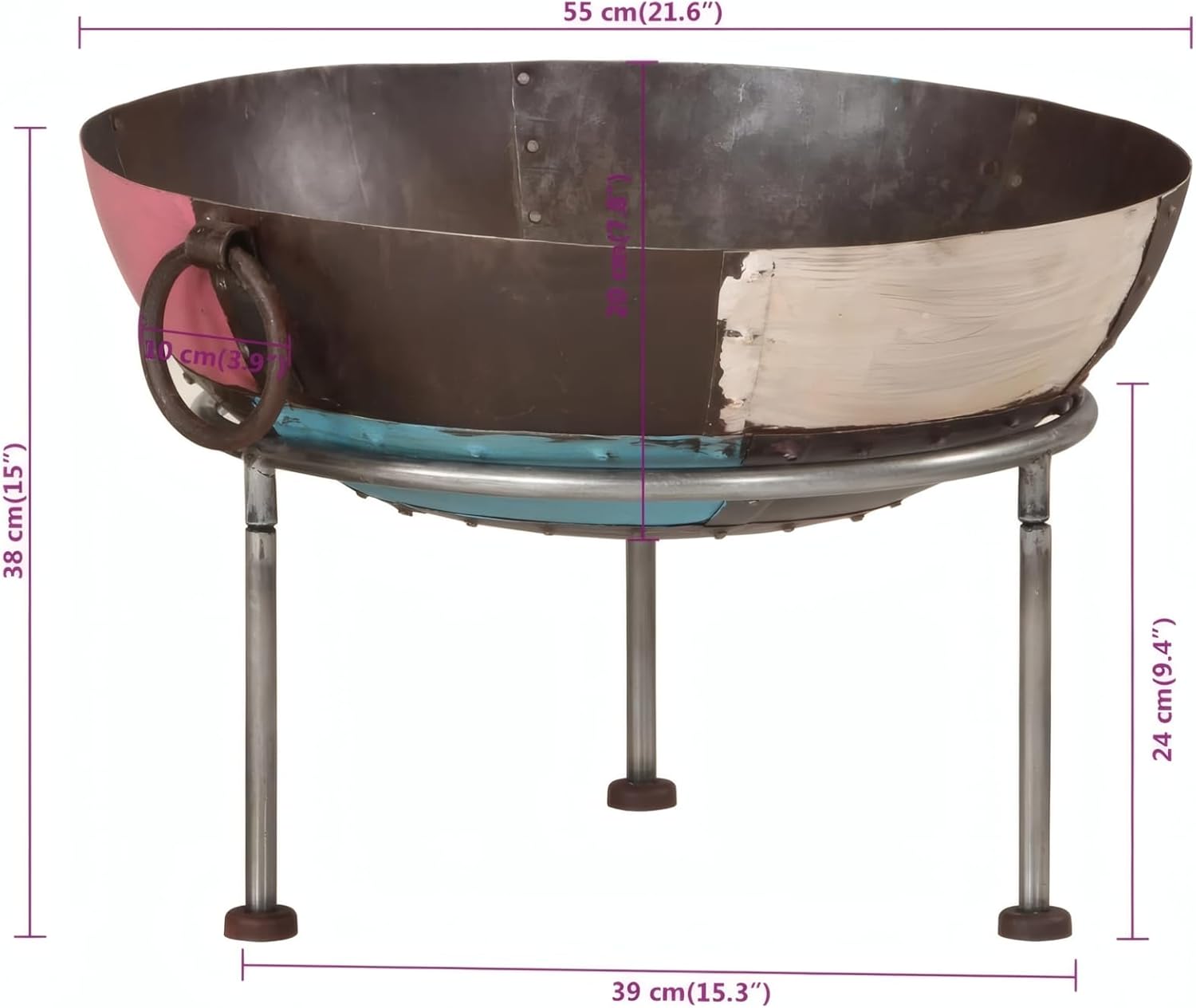 Penau Outdoor Round Fire Pit Bowl, Iron Construction, Portable with Two Handles and 3 Legs for Stability, Large Deep Bowl for Gatherings, Multicolor Mixed Finish, 21.7 x 21.7 x 15 Inchs