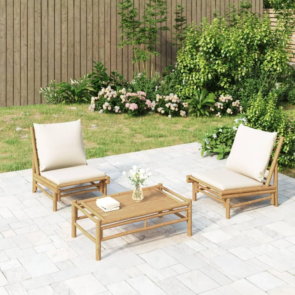 3 Piece Patio Lounge Set with Cream White Cushions Bamboo,Bamboo Patio Lounge Set: Durable and Comfortable Outdoor Furniture for Relaxation and Entertainment Outdoor Furniture Sets, Patio Furniture