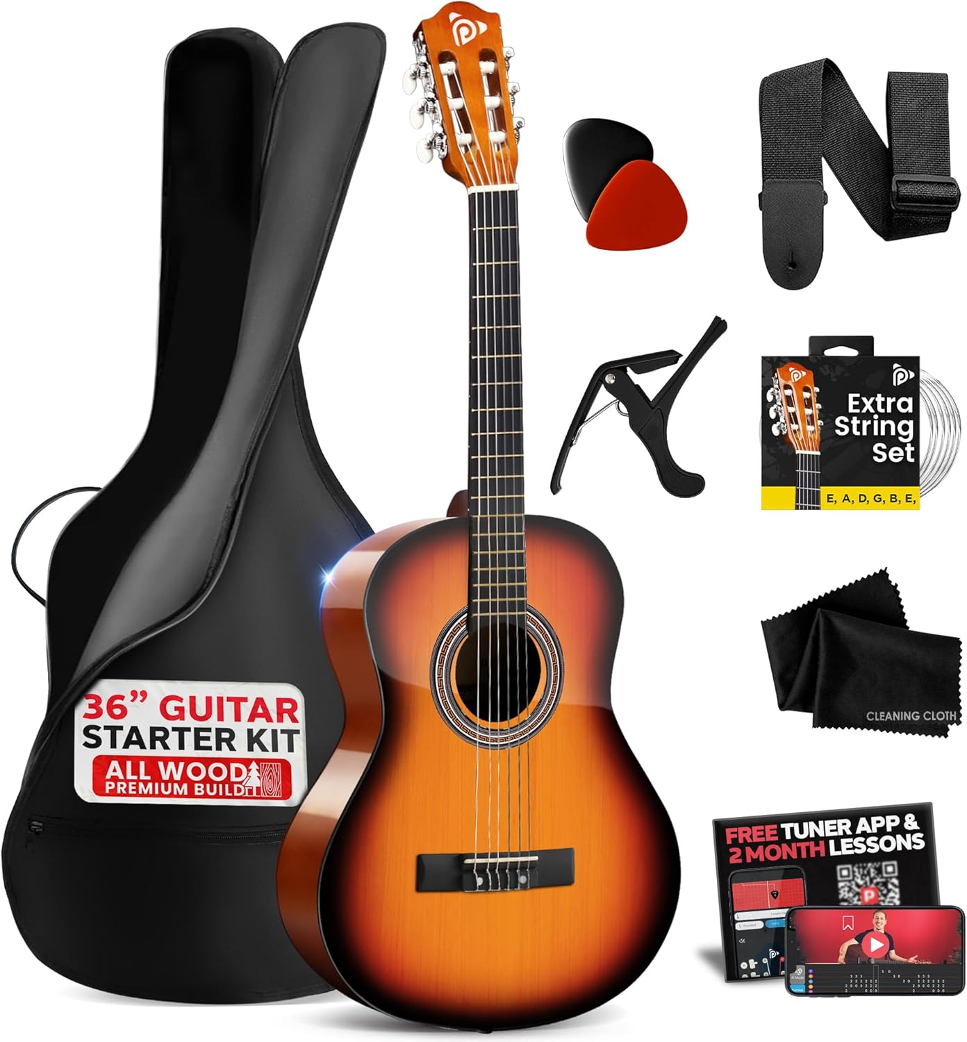 Pyle Beginner Acoustic Guitar Kit, 3/4 Junior Size All Wood Build Nylon Stringed Instrument with Strap, Extra String Set, Gig Bag, Guitars for Beginners Adults Youth, 36