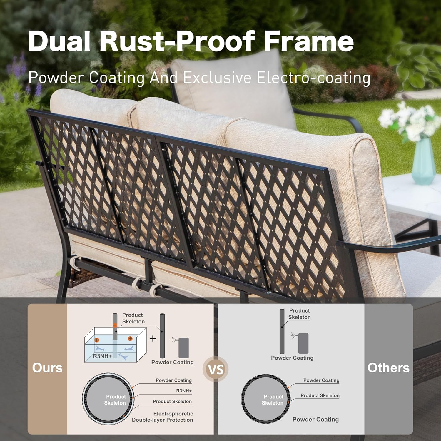 6 Piece Metal Outdoor Patio Furniture Sets with Firepit Table, Patio Conversation Sets 1 3-Seater Sofa, 2 Leg Chair and 2 Swivel Chair with 5.75