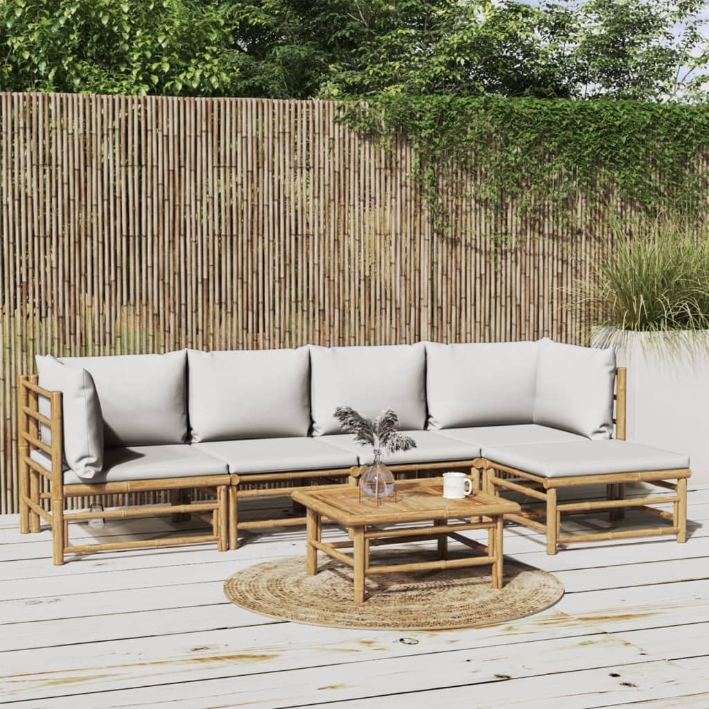 6 Piece Patio Lounge Set with Light Gray Cushions Bamboo,Rustic Bamboo Patio Lounge Set with Comfortable Cushions and Modular Design for Outdoor Spaces Patio Furniture Sets, Outdoor Furniture Sets