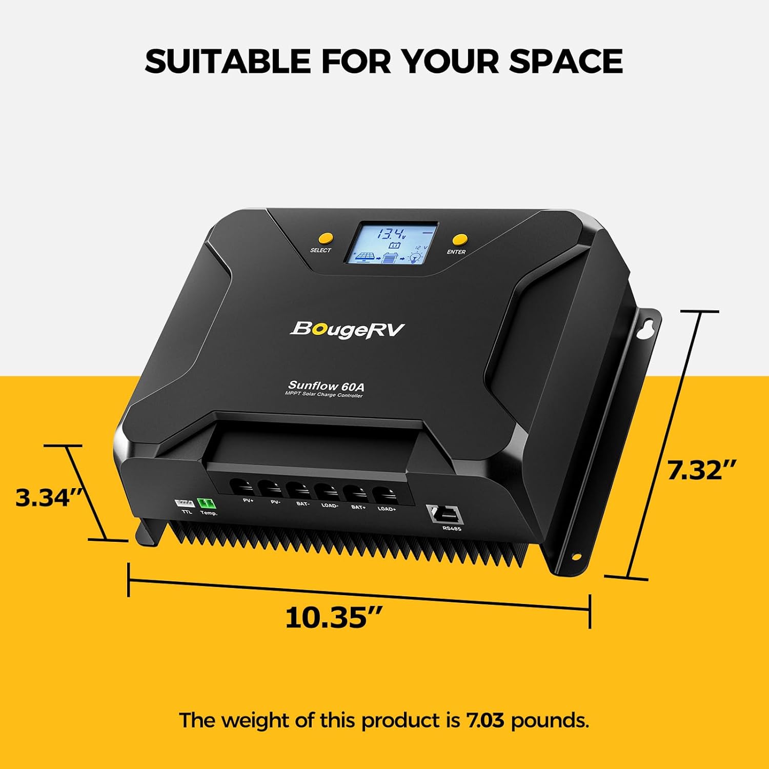 BougeRV Sunflow MPPT Solar Charge Controller 60A, w/Low-Temp Cut-Off, APP Control, Backlit LCD, 60 Amp Solar Panel Regulator 12V/24V for LiFePO4, SLD, Gel, FLD, AGM Battery, RV, Marine, Upgraded