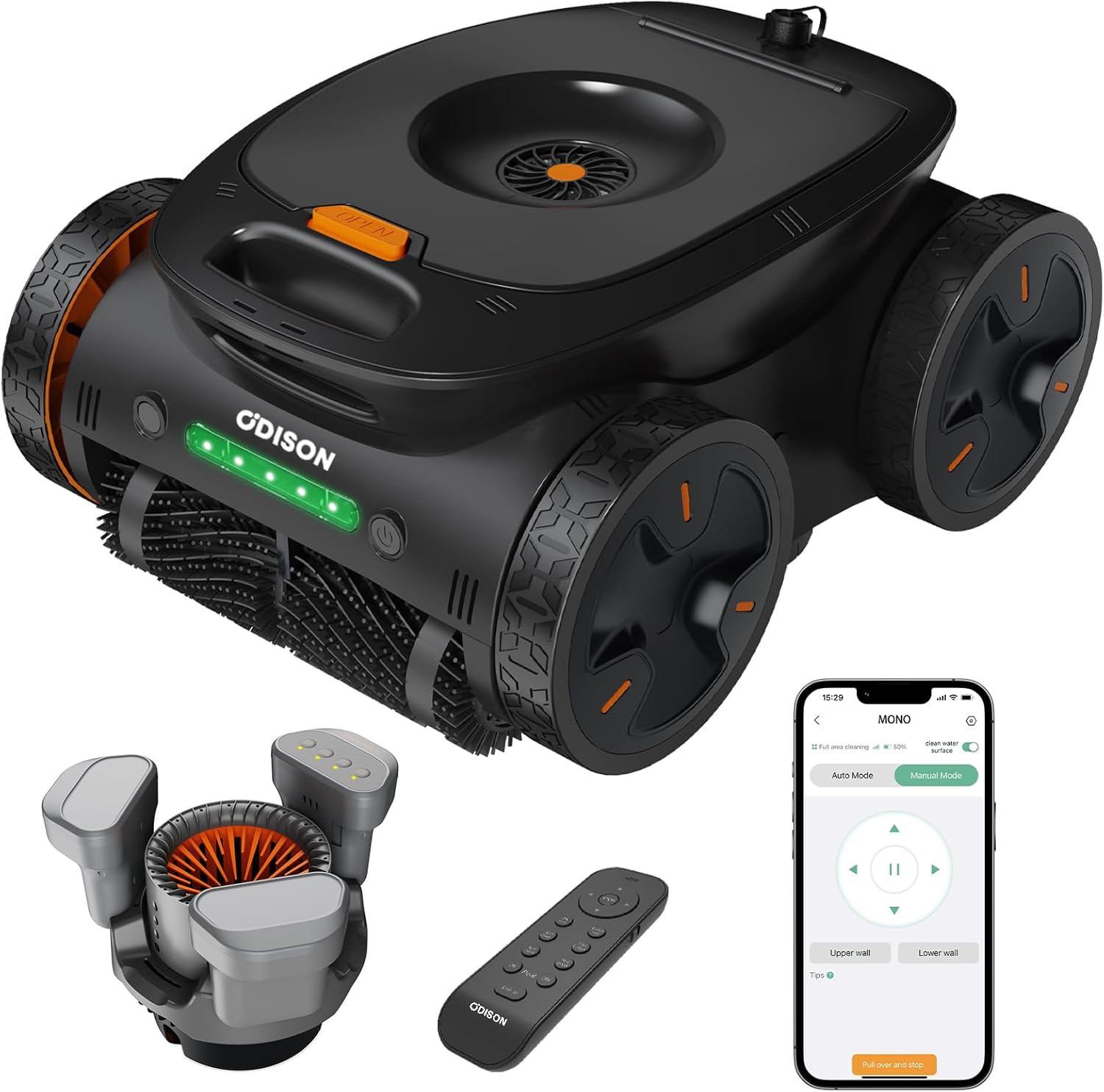 ODISON Mono SU Automatic Robotic Pool Vacuum Cleaner with APP/Remote Control, Wall Climbing, Multi-Sensor Navigation - Cleans Floor, Walls & Waterline - 9600mAh Battery (Black)