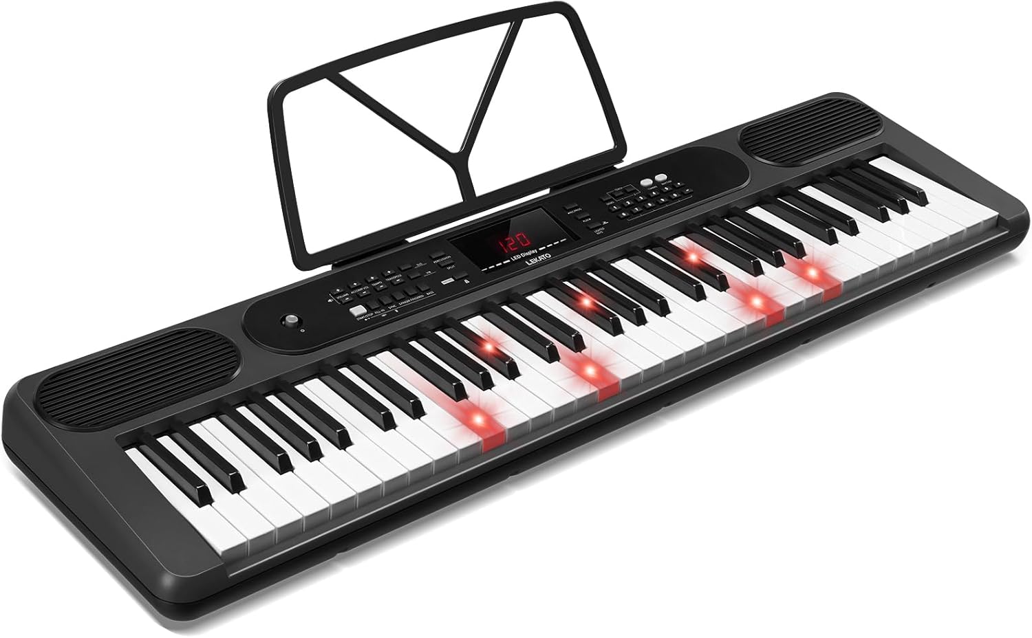 LEKATO 61 Keys Piano Keyboard, Electric Piano with Lighted Keys, 2 Teaching Modes, 300 Timbres & Rhythms, 50 Demo Songs, Vibrato, Synthesis, LED Display and Music Rest, Musician Gift for Beginners