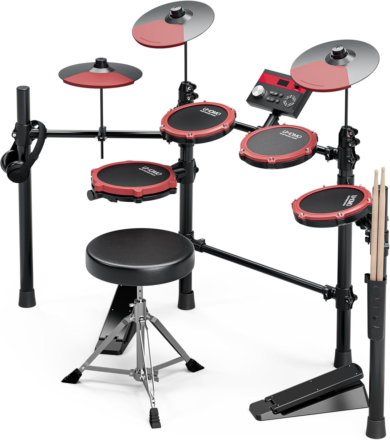 UMOMO UMD-771 Electric Drum Set, Electronic Drum Set With Mesh Electric Drum Pads, 225 Sounds, Drum Sticks, Headphones & Audio Cables, Stable Steel Frame, 15 Drum Kits, for Beginner, Red & Black