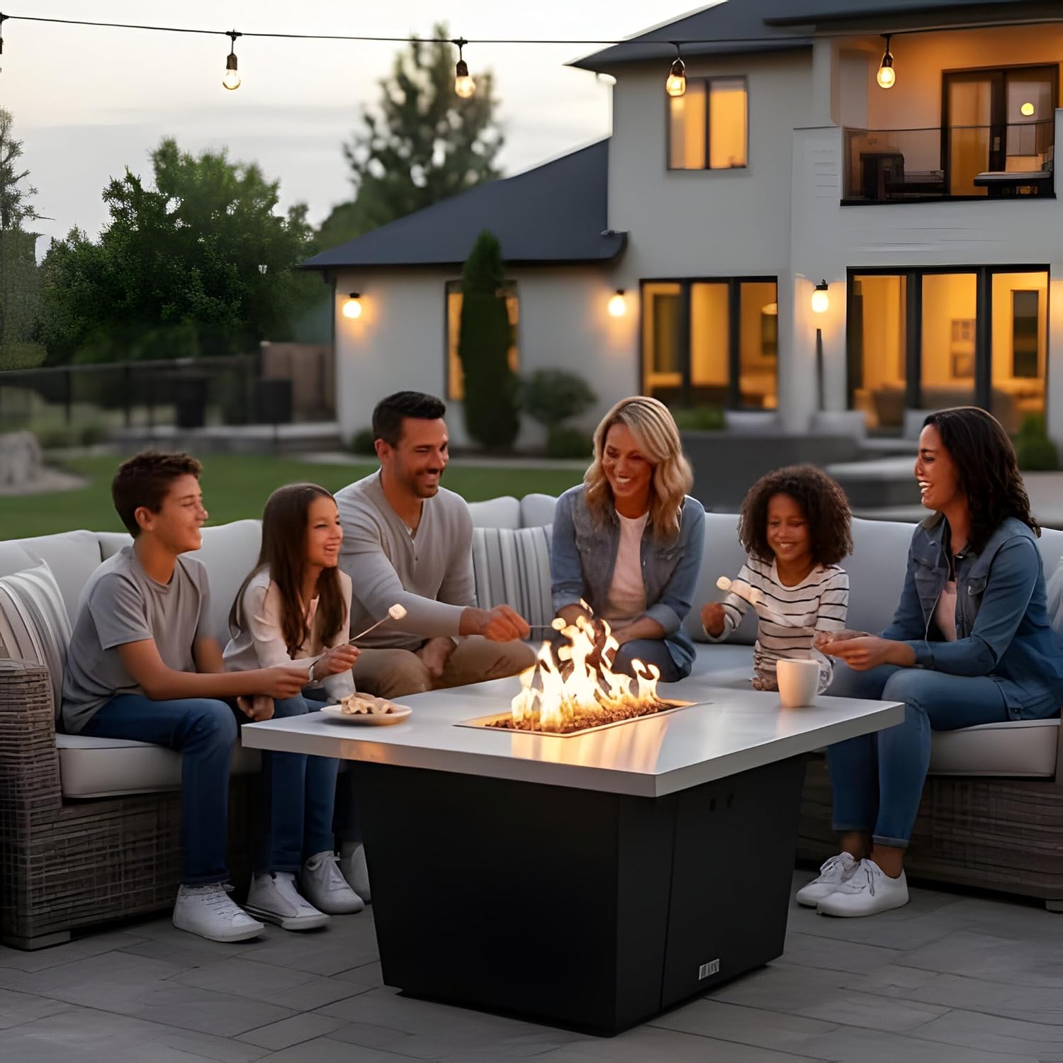 COOKE Palisades Rectangular Fire Pit Table - 44x36 - Chat Height - Propane - Brushed Aluminum Top with 3cm Edge - Black Powdercoat Base