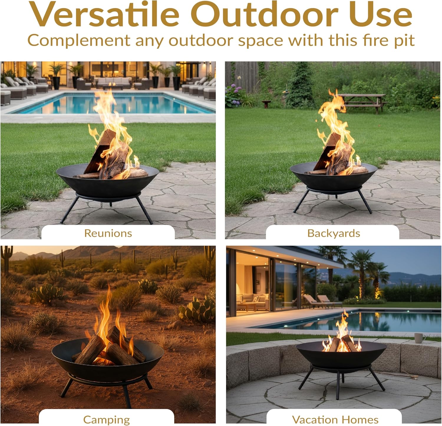 Sunnydaze 22-Inch Cast Iron Wood-Burning Fire Pit Bowl with Portable Stand - Black Steel Finish