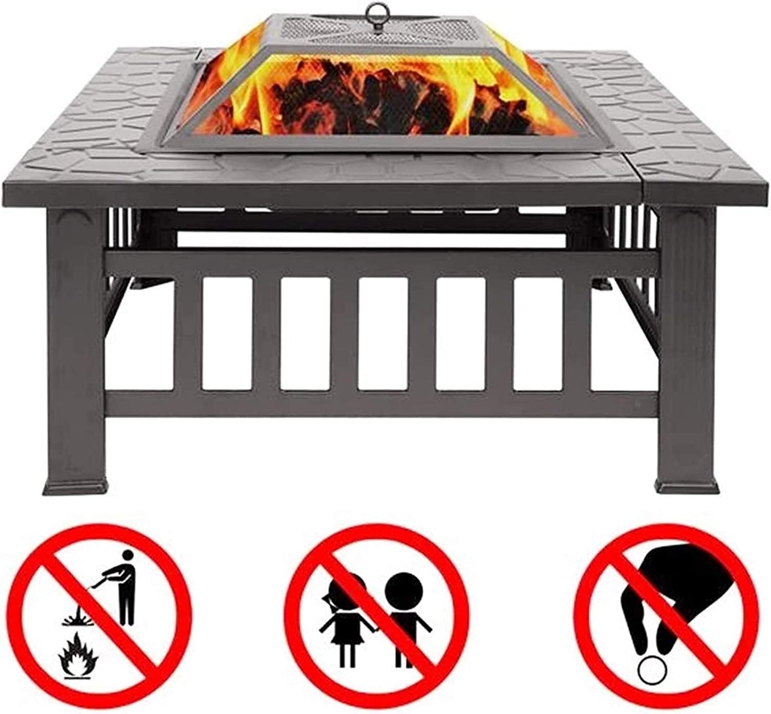 Fire Pit with BBQ Grill Shelf,Outdoor Metal Brazier Square Table Garden Patio Heater/BBQ/Ice Pit with Waterproof Cover