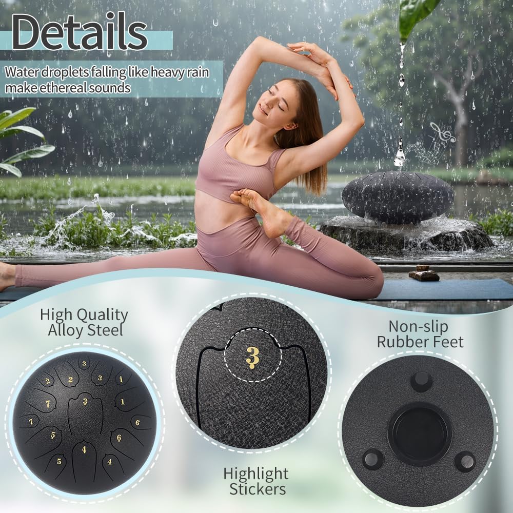 Steel Tongue Drum 12 Inches 15 Notes Musical Instruments, D Major Percussion Instrument with Soft Bag, Music Book and 2 Mallets for Meditation (black)