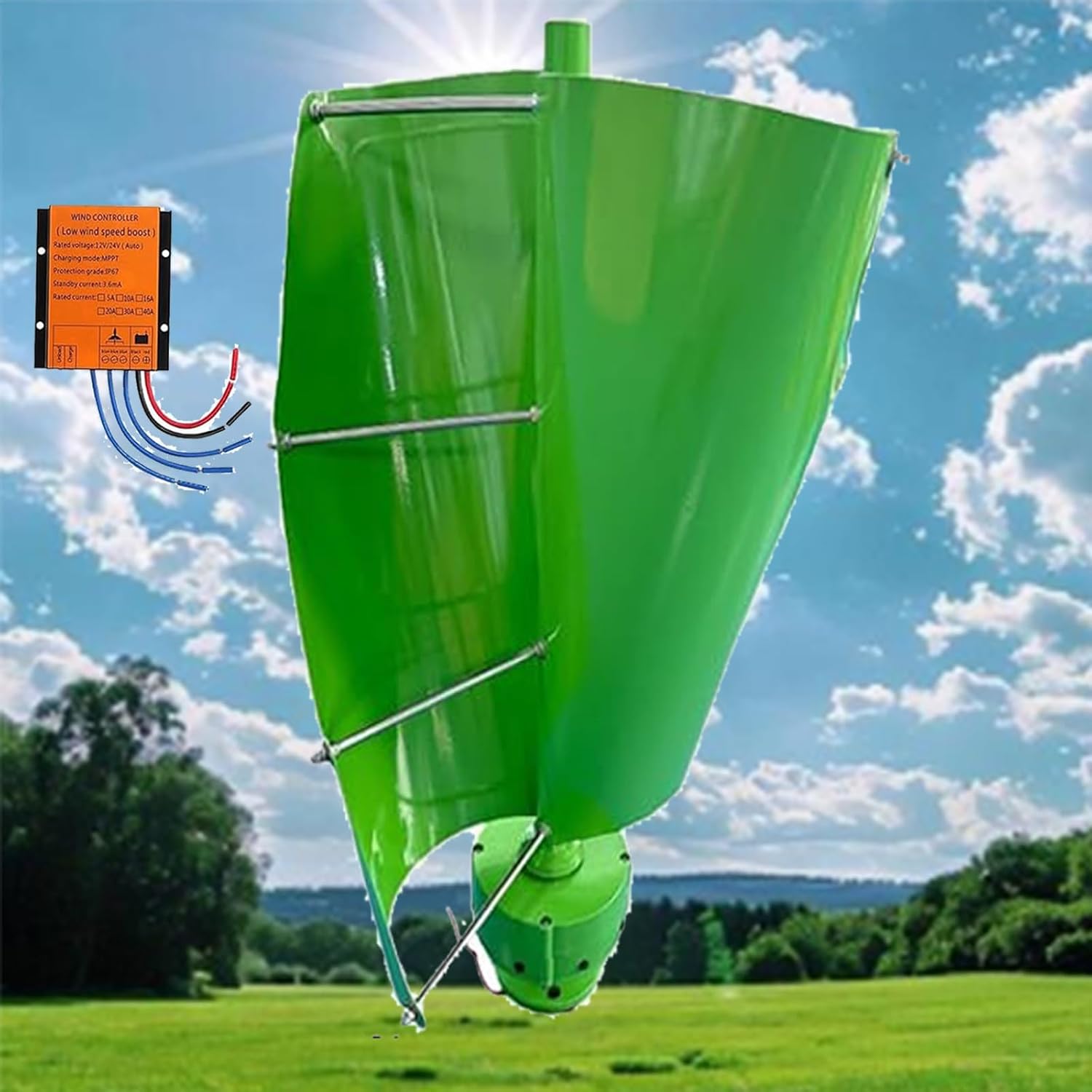 14000W Vertical Axis Wind Turbine Kit - 2 Blades, 12V/24V/48V, 42.65ft/s, Controller Included, Ideal for Home, Business, and Industrial Energy Solutions (Green, 24V)