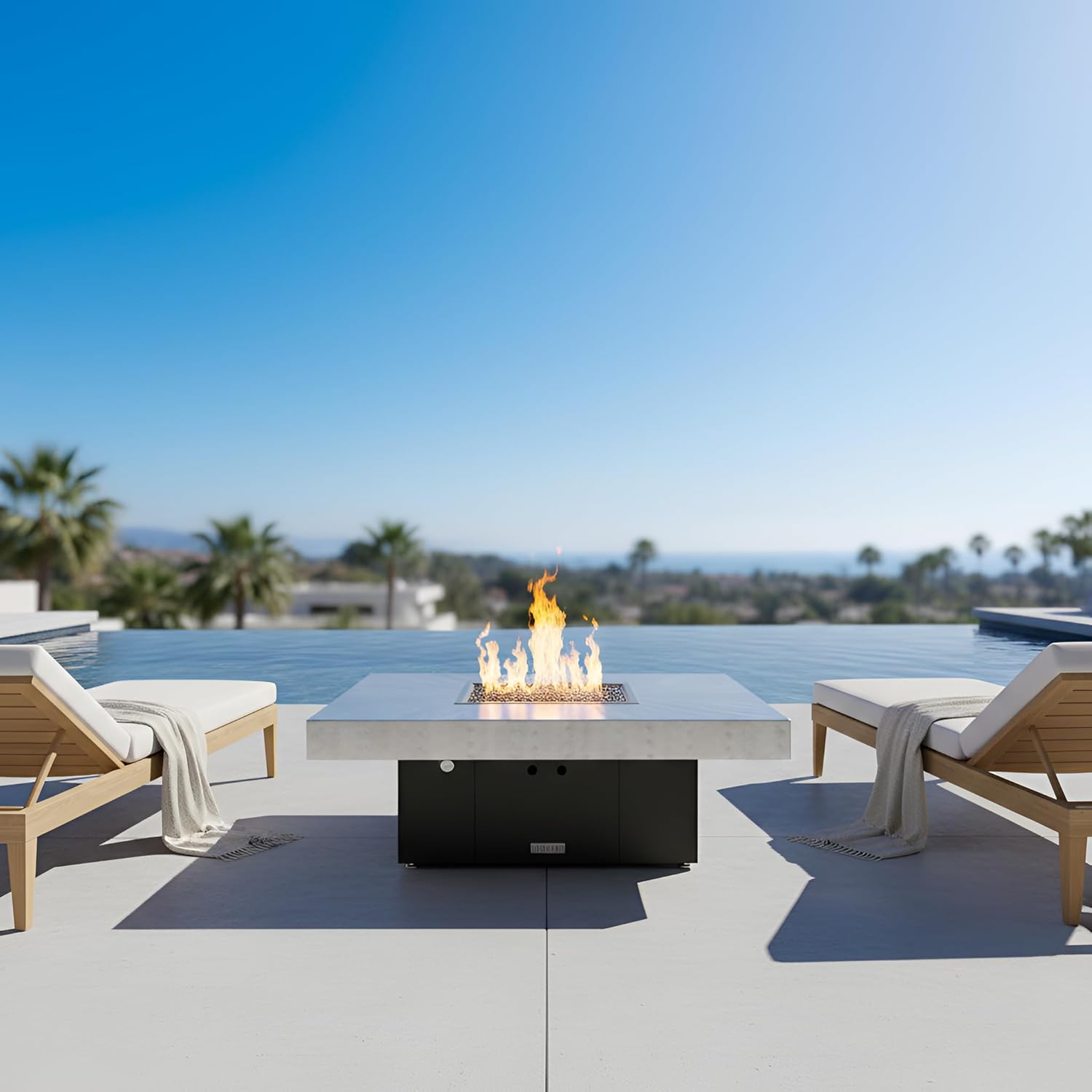 COOKE Santa Barbara Rectangular Fire Pit Table - 48 x 36 - Propane - Brushed Aluminum Top - Black Powdercoat Base