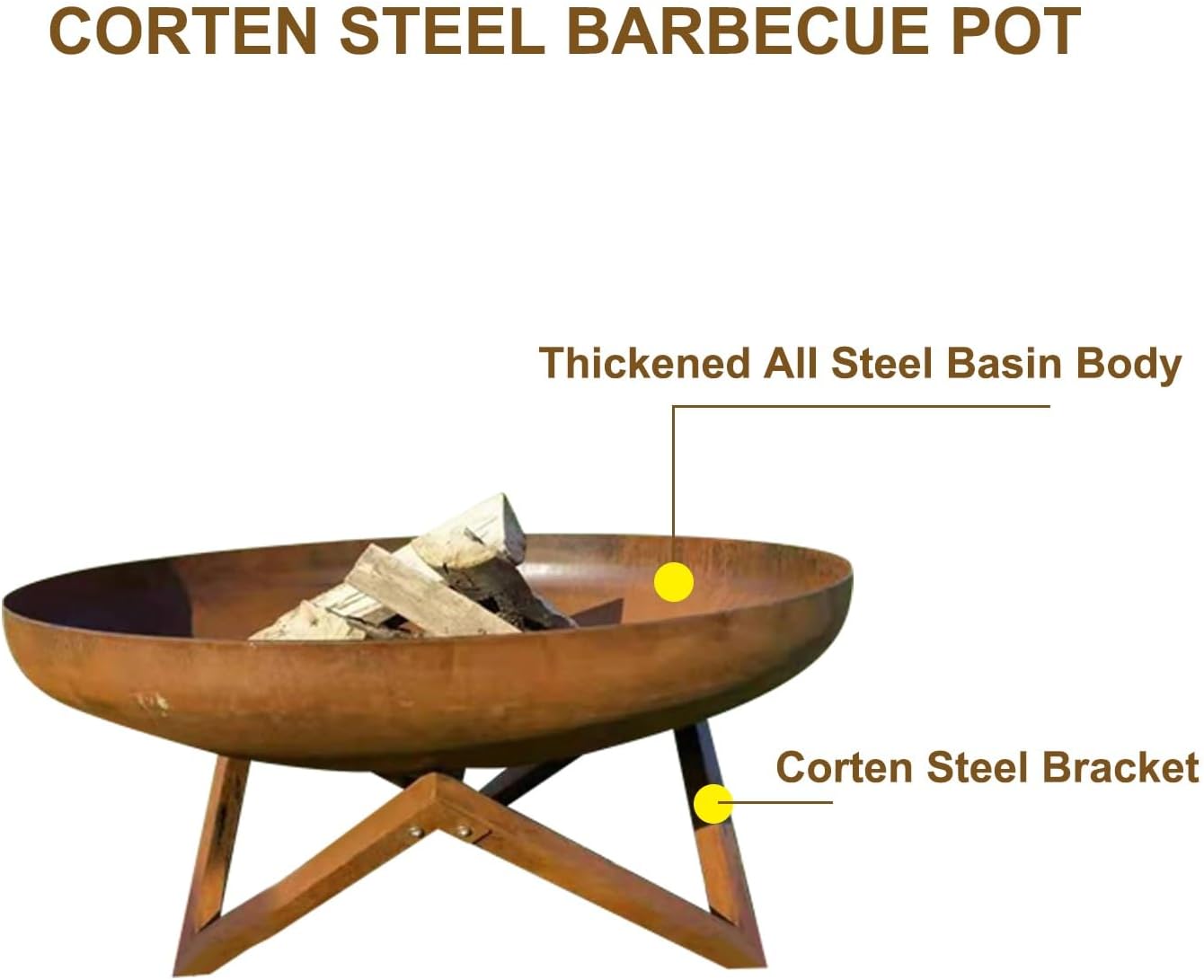 Generic BBQ Pit, Wood Burning Fire Pits for Outside, Thickened Corten Steel Basin Body for Wood Pellet Bonfire BBQ on Patio Garden Backyard Picnic, 5-7 People, 60*28cm, Metallic