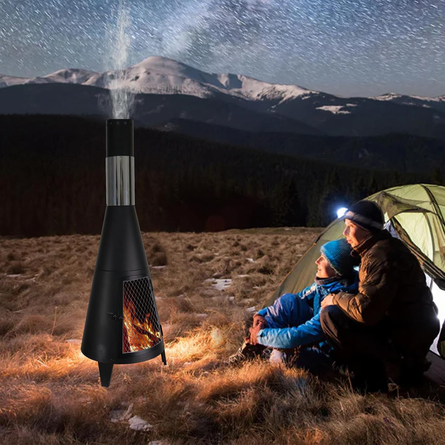 BDL Chiminea Outdoor Fireplace Outdoor Wood Burning Fire Pit Free Standing Fireplace with Log Grate, Mesh Screen for Patio, Backyard, Garden-Black