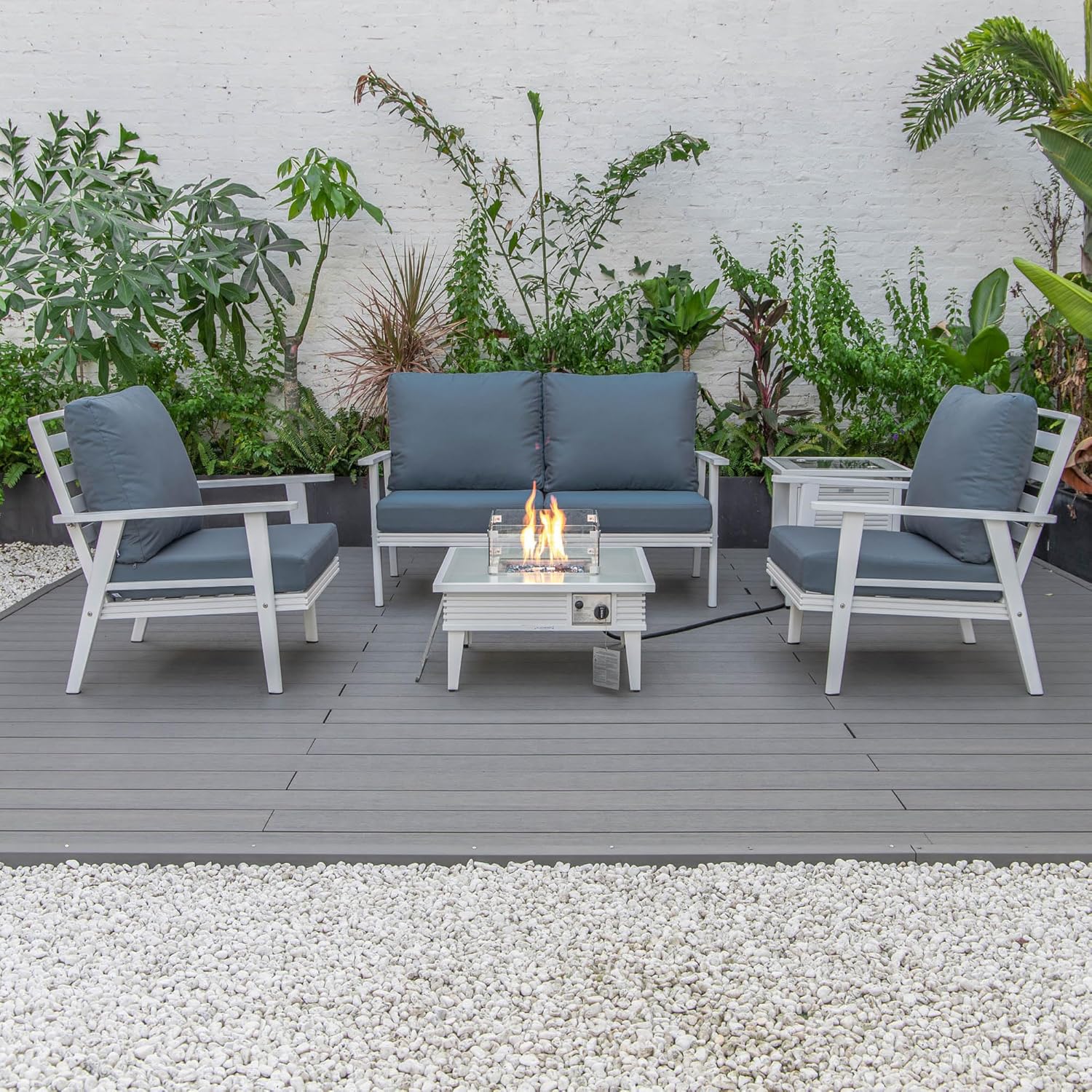 LeisureMod Walbrooke Modern Aluminum 5-Piece Patio Conversation Set with Outdoor Square Fire Pit Table with Slats Design & Side Table Tank Holder (Navy Blue)