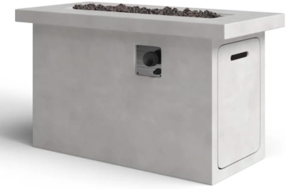 Modern Concrete Outdoor Fire Pit Table for Propane or Natural Gas Use, Gray Weather-Resistant Patio Centerpiece with Stainless Steel Burner