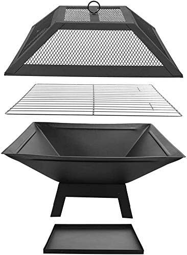 Barbecue Grill Square Outdoor Metal Firepit, with Spark Screen Log Poker and Cover Grill Table, for Backyard Patio Garden Stove Wood Burning Fire Pit