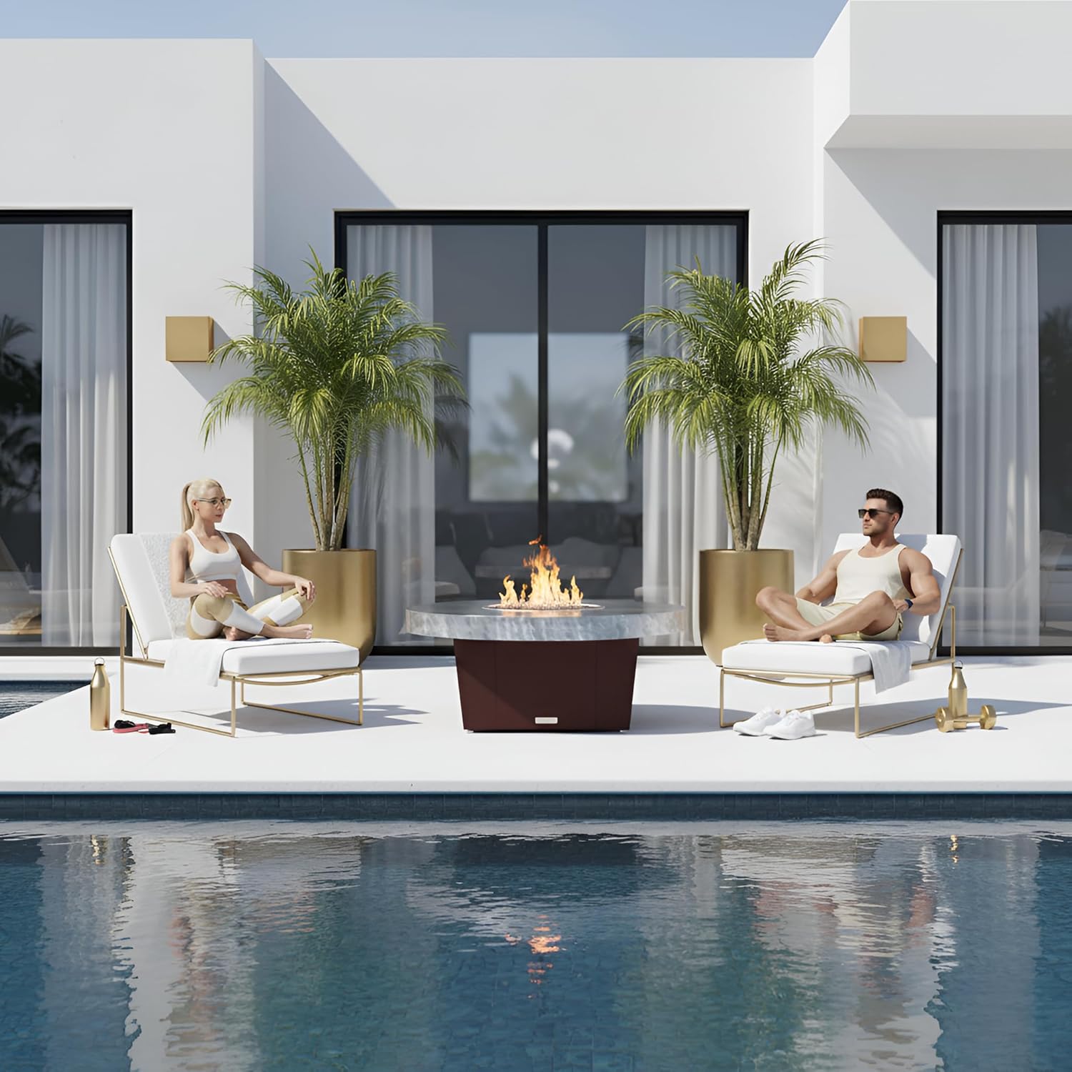 COOKE Parkway Circular Fire Pit Table - 48 Diam - Natural Gas - Brushed Aluminum Top - Dark Cherry Powdercoat Base