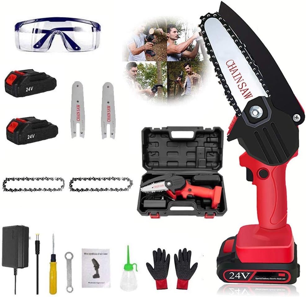 Mini Cordless Chainsaw, 4-Inch 24v Battery Powered Small Electric Chain Saw with Safety Lock, Portable One-Hand Operated Tree Saw for Branch Wood Cutting(2 Battery & 2 Chain) US In Stock, Red