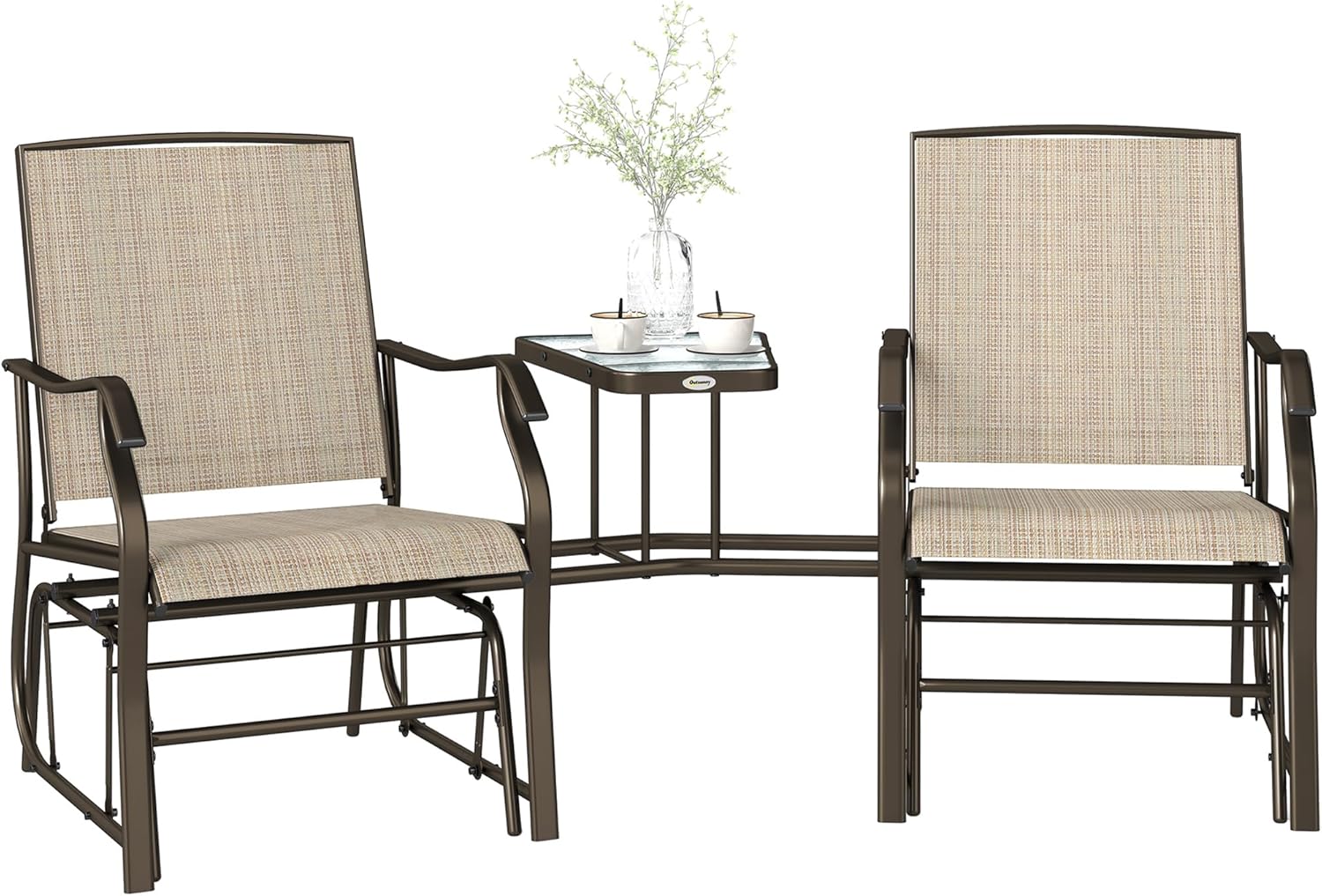 Outsunny Outdoor Glider Chairs with Coffee Table, Patio 2-Seat Rocking Chair Swing Loveseat with Breathable Sling for Backyard, Garden, and Porch, Light Brown