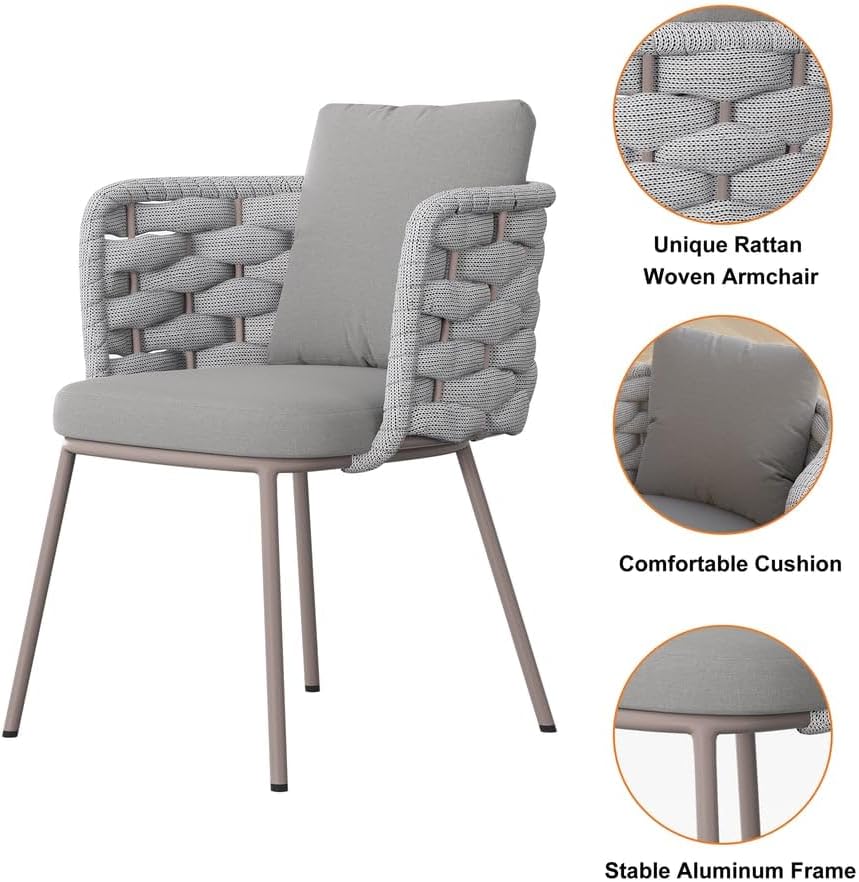 7-Piece Outdoor Dining Set with Oval Propane Fire Pit Table & Rope Woven Armchairs, Aluminum Frame, Cushions for Patio and Outdoor Dining