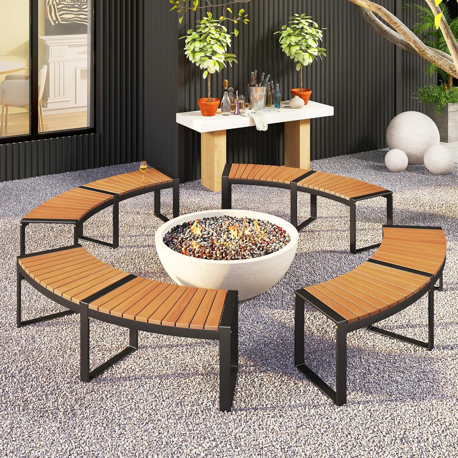 HAPPYGRILL Outdoor Curved Firepit Bench, Acacia Wood Firepit Bench with Metal Frame, Backless Loveseat for Patio, Porch, Garden, Deck, Yard, 800 LBS Max Load (4)