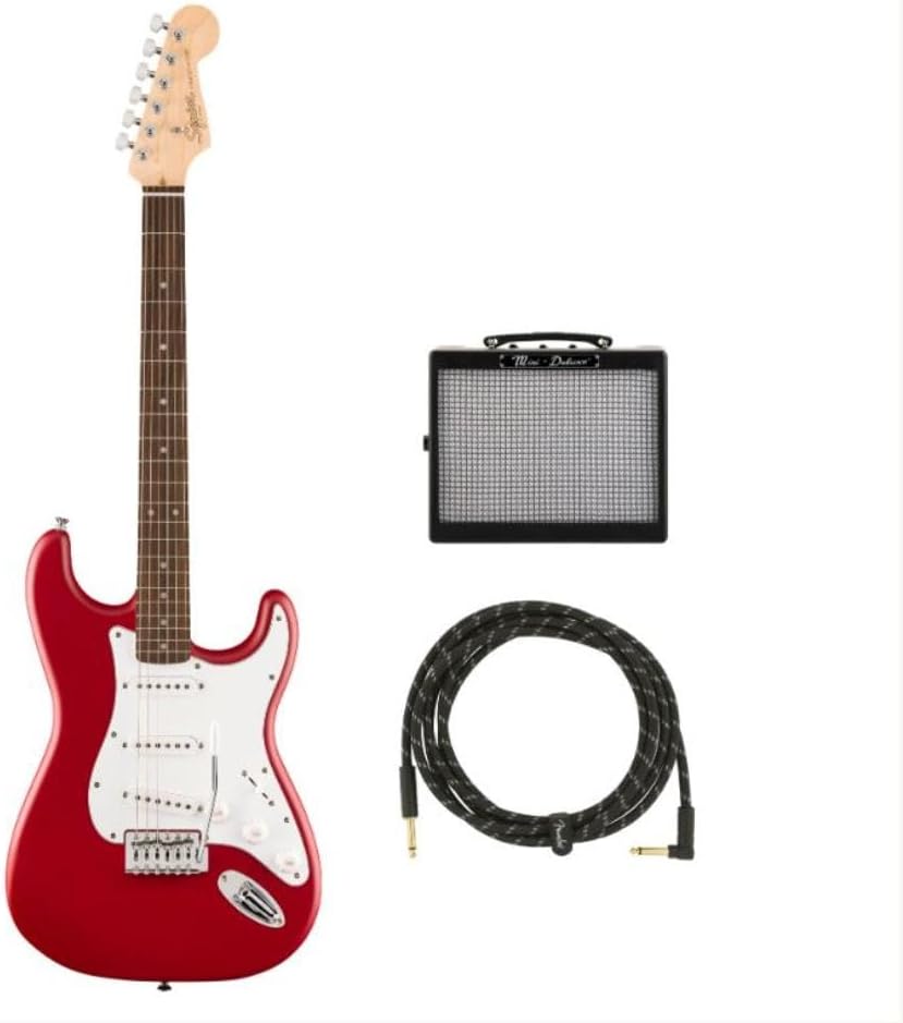 Fender Squier Debut Series Stratocaster Electric Beginner Guitar + Mini Deluxe Electric Guitar Amp, with 2-Year Warranty, 3 Watts + 10ft Guitar Cable, Black