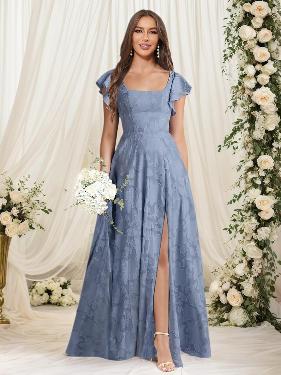 Floral Bridesmaid Dresses Long Square Neck Short Sleeve Formal Evening Gowns with Slit