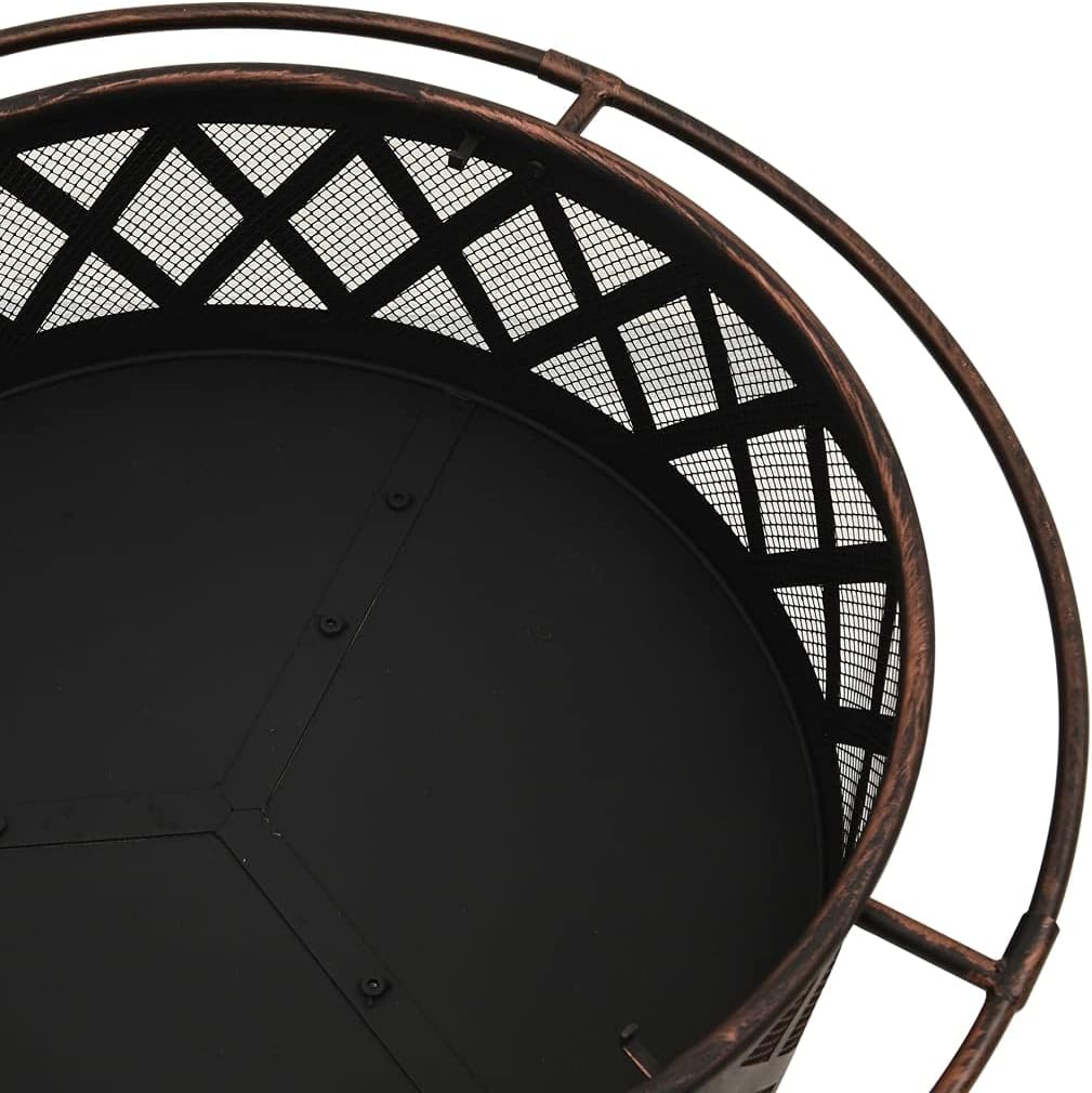 Steel Rustic Style Fire Pit with Metal Poker and Mesh Cover, Absorbing and Radiating Heat Outdoor Fire Pit Round Fireplace for Garden Patio 29.9