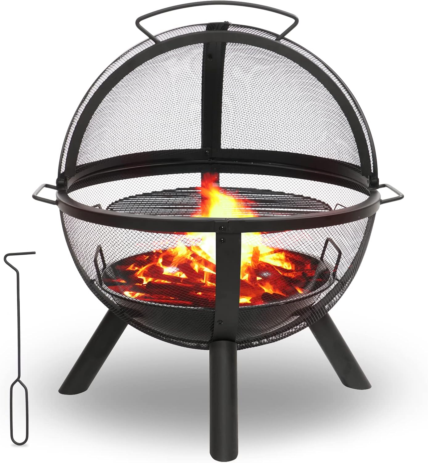 34”Ball of Fire Pit for Outside, Patio Fire Pit with BBQ Grill, Fireplace for Outdoor Camping, Garden Stove with Spark Screen, 5 feet Heat Radius for Warmth | BBQ | Bonfire | Picnic | Bonfire