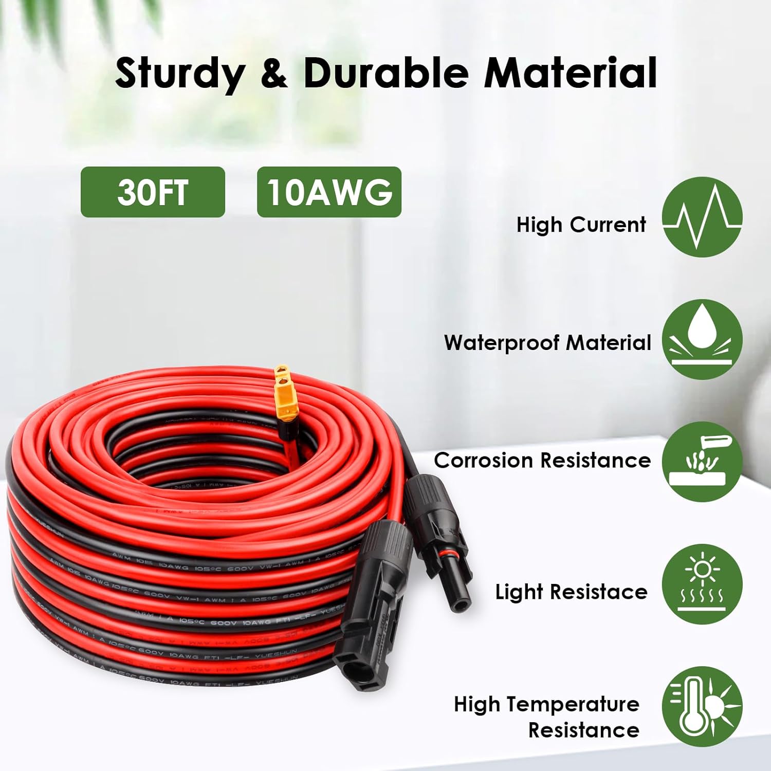 Solar to XT60 Extension Cable 10AWG 50FT Solar Connector to XT60 Adapter Cable for Solar Panel to Portable Power Station Solar Generator Battery Pack