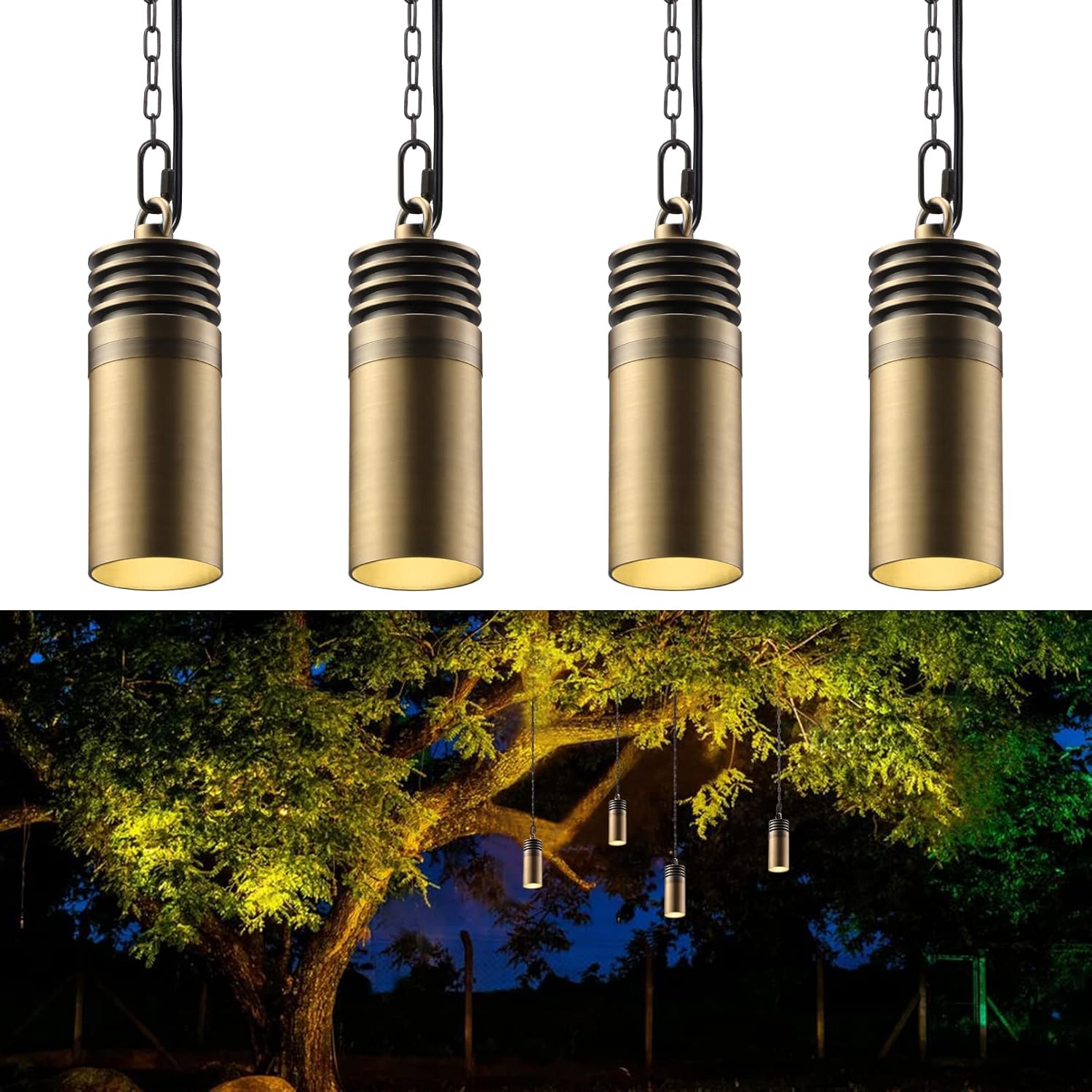 LEONLITE Low Voltage Hanging Landscape Lights, 12V Hanging Tree Lights, UL Listed, LED Outdoor Pendant Light for Gazebo, Pergola, Garden, Aluminum, IP65, 2700K Soft White, Brass Bronze, Pack of 4