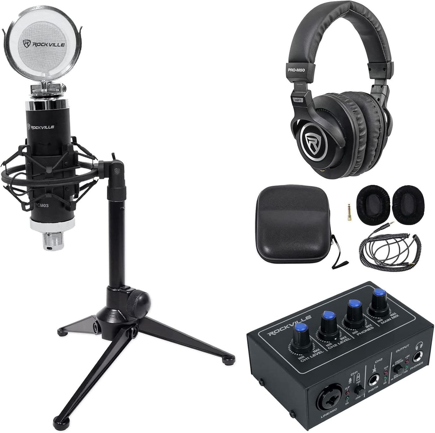 Rockville ROCK-U Mini Recording Kit: 2x2 USB Interface 24 Bit 192kHz, RCM03 Condenser Microphone w/Shock Mount, PRO-M50 Studio Headphones, RDTS Desktop Tripod Mic Stand for 1-Person Podcast, 4-Items