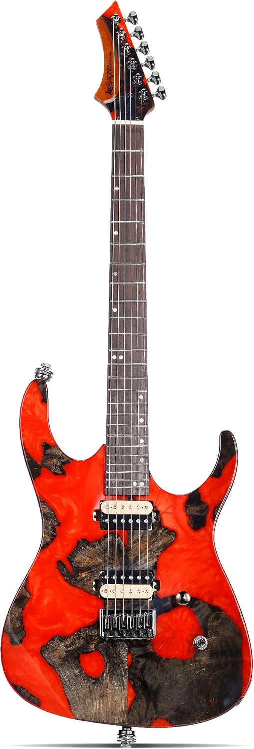 Leo Jaymz Electric Guitar Monsoon Deluxe Series, Reverse Headstock, Burl Top, Mahogany Body, Roasted Maple Neck, Rosewood Fretboard, Case (Red)