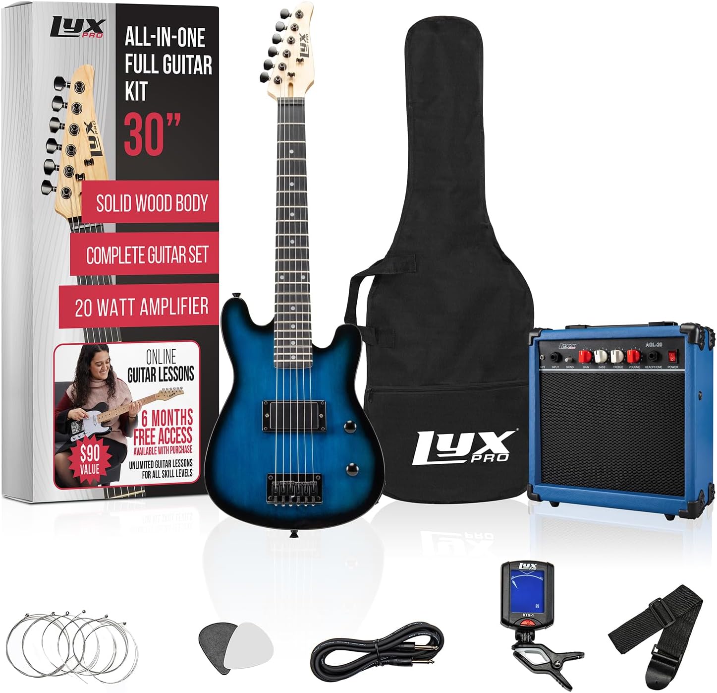 LyxPro 30 Inch Electric Guitar and Starter Kit for Kids with 3/4 Size Beginner’s Guitar, Amp, Six Strings, Two Picks, Shoulder Strap, Digital Clip On Tuner, Guitar Cable and Soft Case Gig Bag - Blue