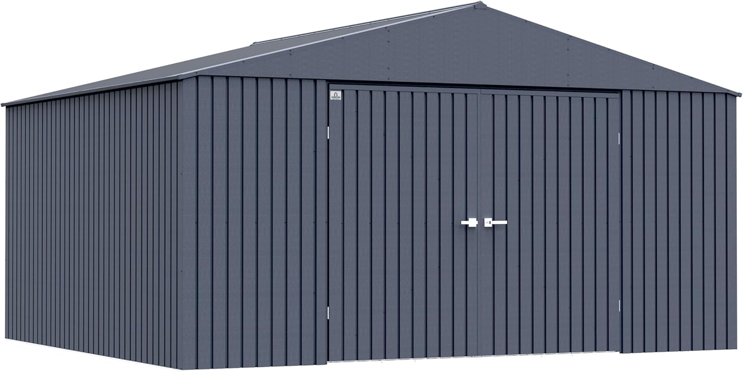 Arrow Shed Elite 14' x 12' Tall Outdoor Steel Storage Shed with High Gable and Lockable Doors Storage Building, Anthracite