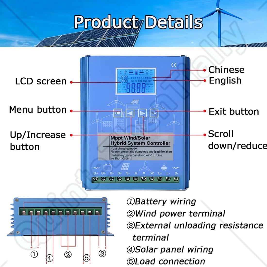 12v/24v LCD Display Mppt Boost Charging Multifunctional Wind Solar Controller,Wind Solar Hybrid Controller with Dump Load, Operating Temperature Range -20℃ - 55℃,for Residences 8000W