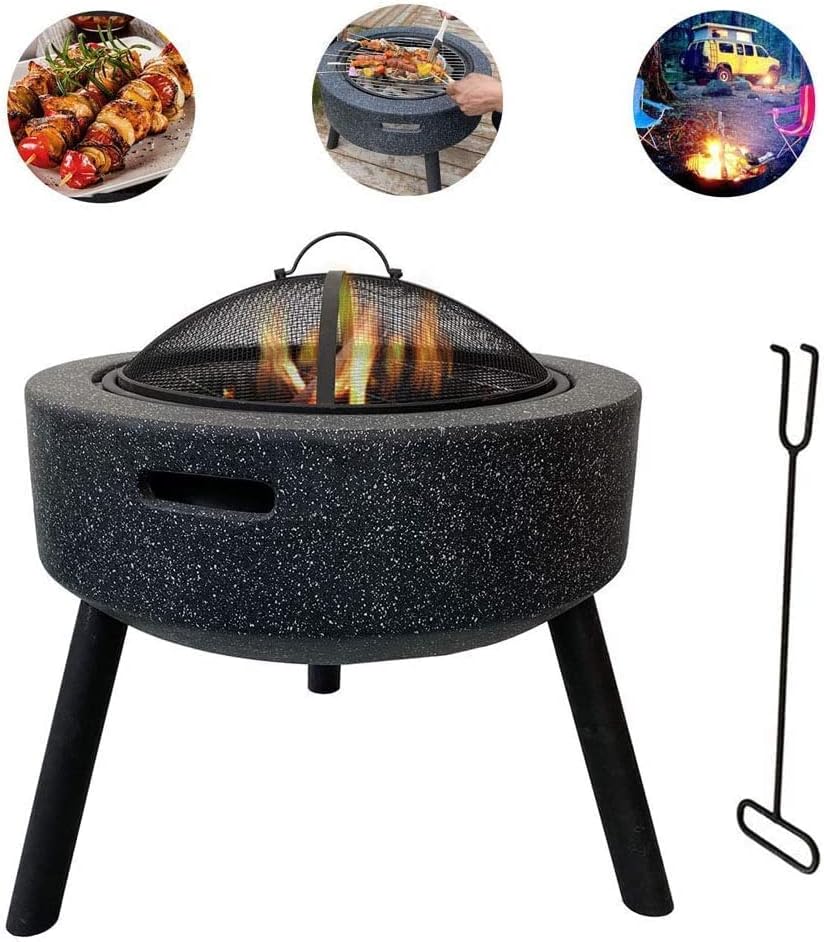 BBQ Grill Outdoor Fire Pit Bowl, Fire Pit with BBQ Grill Shelf Triangle Bracket Magnesium Oxide Material Outdoor Garden Fire Pit with Mesh Cover,Outdoor Fire Pits