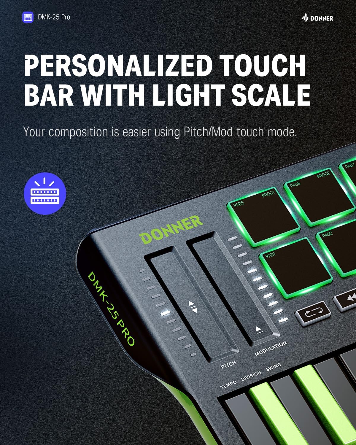 Donner DMK25 Pro MIDI Keyboard Controller, 25 Mini Key Portable USB-C MIDI Controller with 8 Drum Pads, OLED Display, Personalized Touch Bar, Music Production Software and 40 Teaching Courses, Green