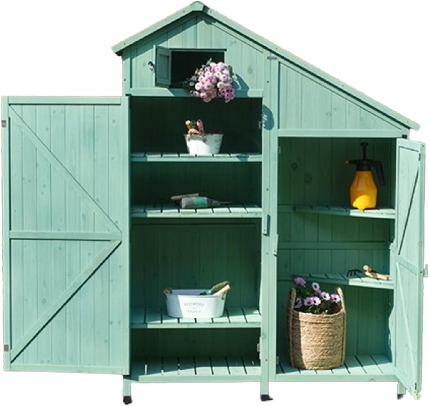 Outdoor Storage Shed with Floor, Outdoor Wooden Storage Shed with Waterproof Asphalt Roof, Indoor and Outdoor Shed for Garden, Patio, Shed, Backyard, Front Porch, Garage (One Color Green)