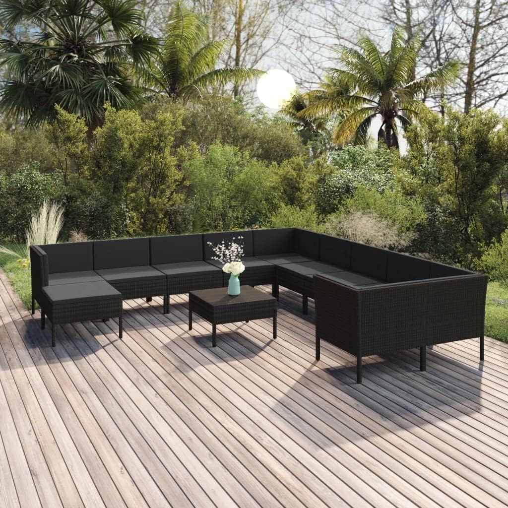 Garden Lounge Set Black PE Rattan, Powder-Coated Steel, Polyester Cushions, 12-Piece Modular Outdoor Patio Furniture Set, Durable & Weather-Resistant, for Balcony & Garden