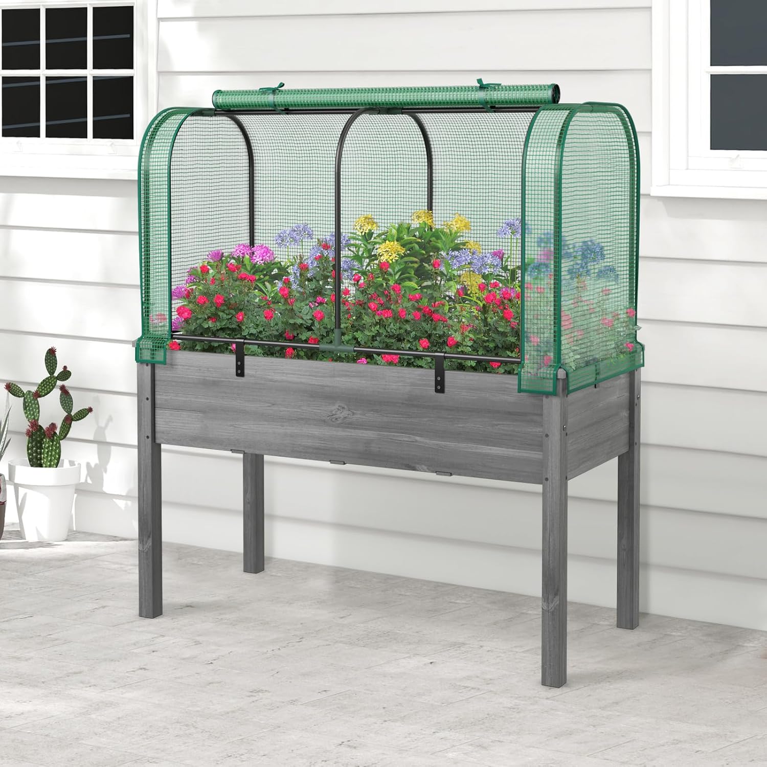 Raised Garden Bed with Greenhouse, Waterproof Sun-Protective Green House with Roll-Up Door & Electroplated Metal Frame, Fir Wood Elevated Planter Box with Drainage Holes(Green+Gray)