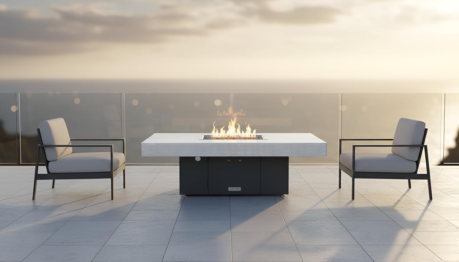COOKE Santa Barbara Rectangular Fire Pit Table - 48 x 36 - Propane - Brushed Aluminum Top - Grey Texture Powdercoat Base
